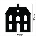 Black home-shaped wall art featuring a minimalist house design, the image shows the dimensions of the product that is 12 inch by 11.1 inch.
