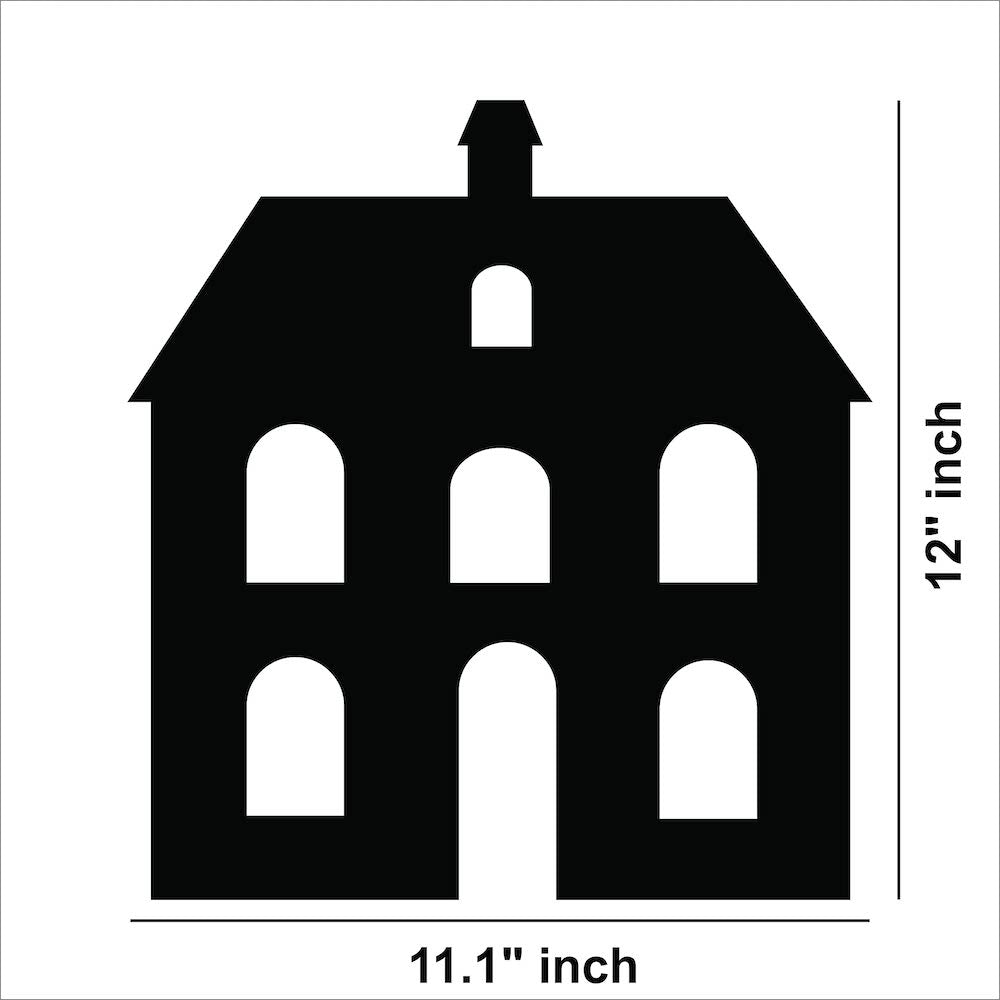 Black home-shaped wall art featuring a minimalist house design, the image shows the dimensions of the product that is 12 inch by 11.1 inch.