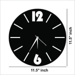 Stylish black wall clock with white "12" and "6" numerals, white hands, and a minimalist design, ideal for modern home decor or office interiors. Showing the size of the clock that is 11.5 inch in diameter.