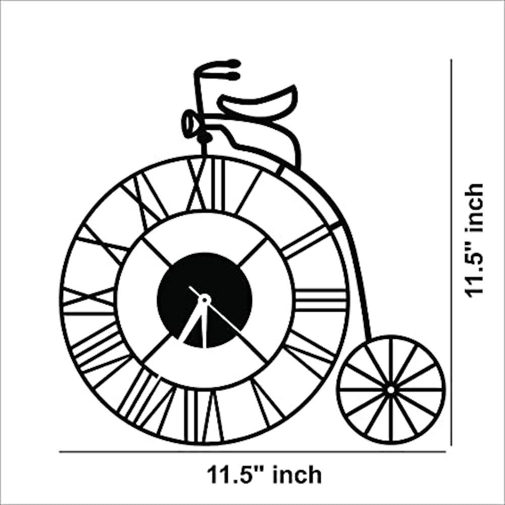 Stylish cycle wall clock with Roman numerals, designed in a vintage bicycle shape, the dimensional picture of the product with 11.5 inch in diameter.