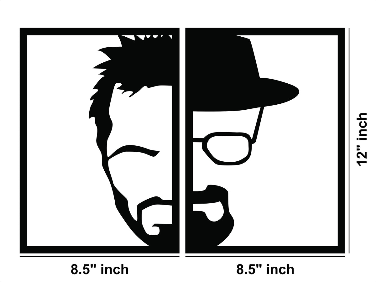 A black masculine-themed wall decor featuring a split-frame design of a man’s face, half in modern style and half with a hat and glasses, the image shows the dimensions of the product that is  12 inch by 8.5 inch for each frame.