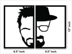 A black masculine-themed wall decor featuring a split-frame design of a man’s face, half in modern style and half with a hat and glasses, the image shows the dimensions of the product that is  12 inch by 8.5 inch for each frame.