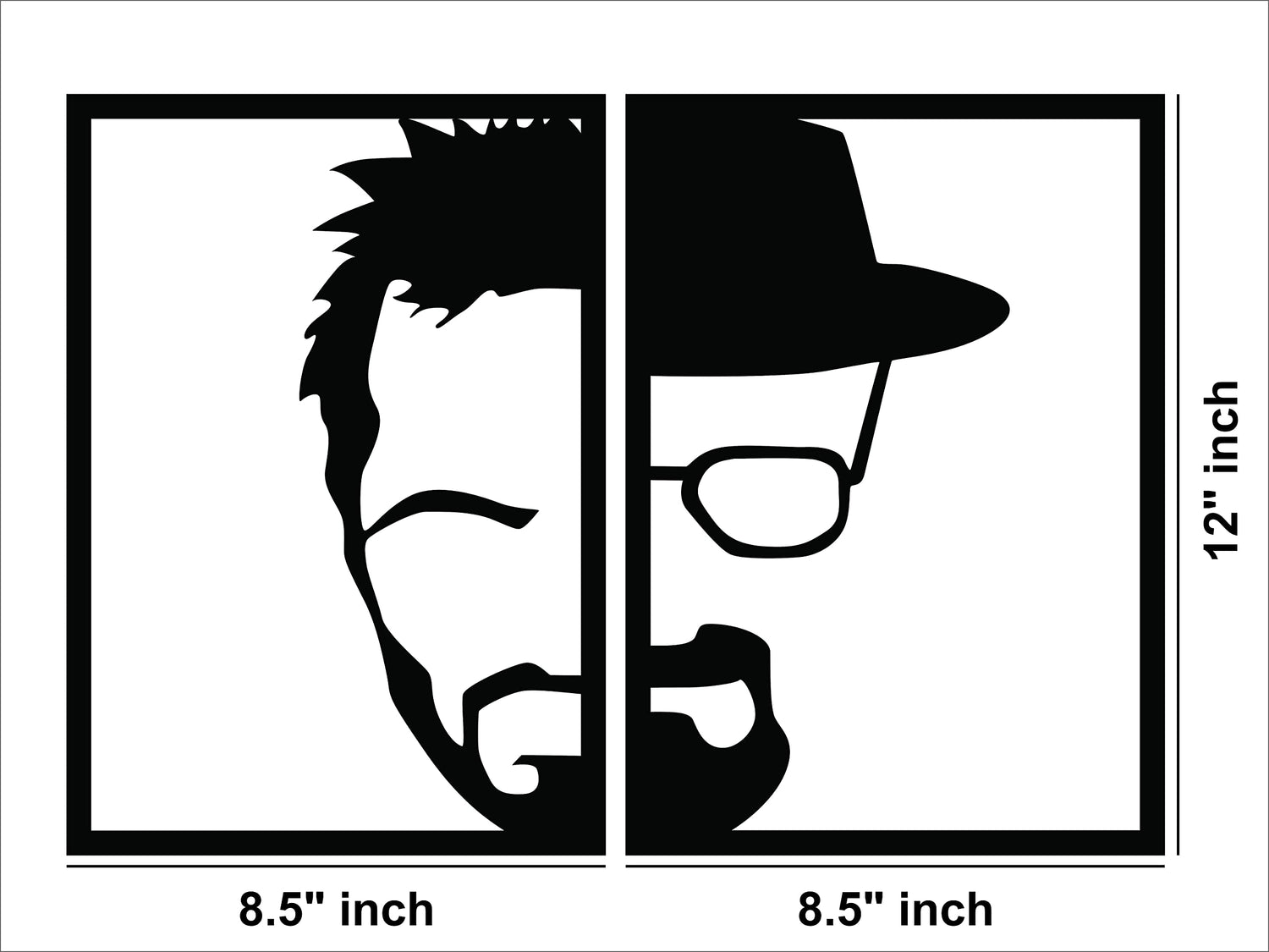 A black masculine-themed wall decor featuring a split-frame design of a man’s face, half in modern style and half with a hat and glasses, the image shows the dimensions of the product that is  12 inch by 8.5 inch for each frame.