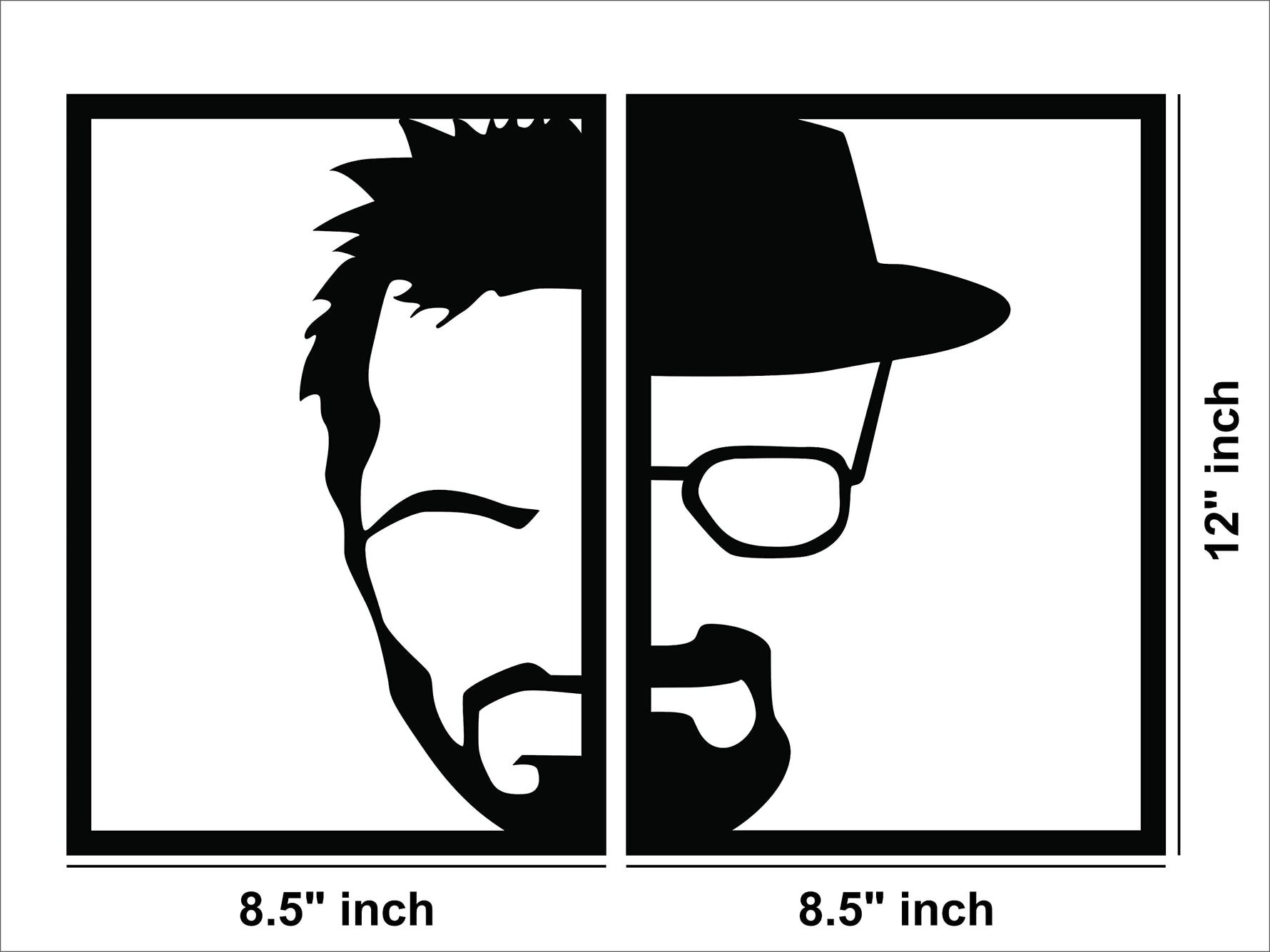 A black masculine-themed wall decor featuring a split-frame design of a man’s face, half in modern style and half with a hat and glasses, the image shows the dimensions of the product that is  12 inch by 8.5 inch for each frame.