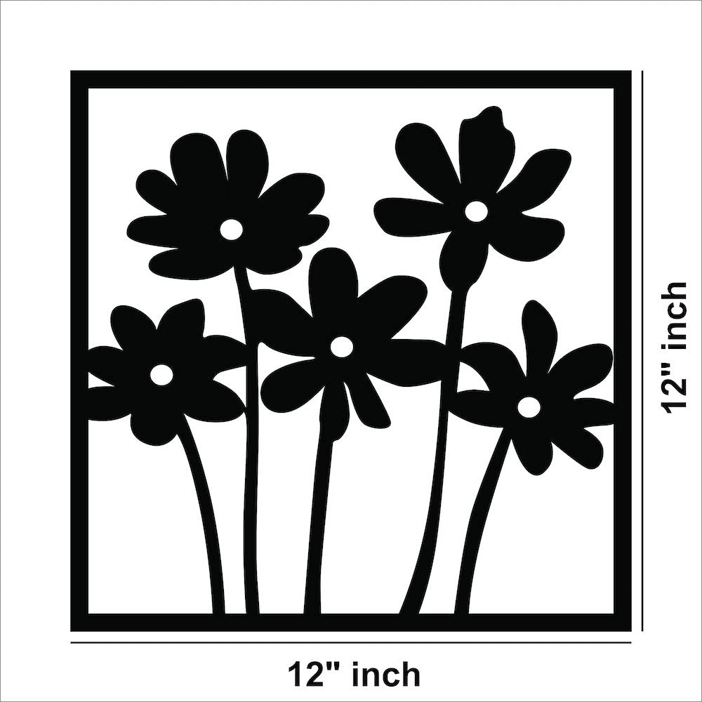 Black flower wall decor featuring a minimalist floral design, the dimensionaal image of the product with 12 inch by 12 inch.