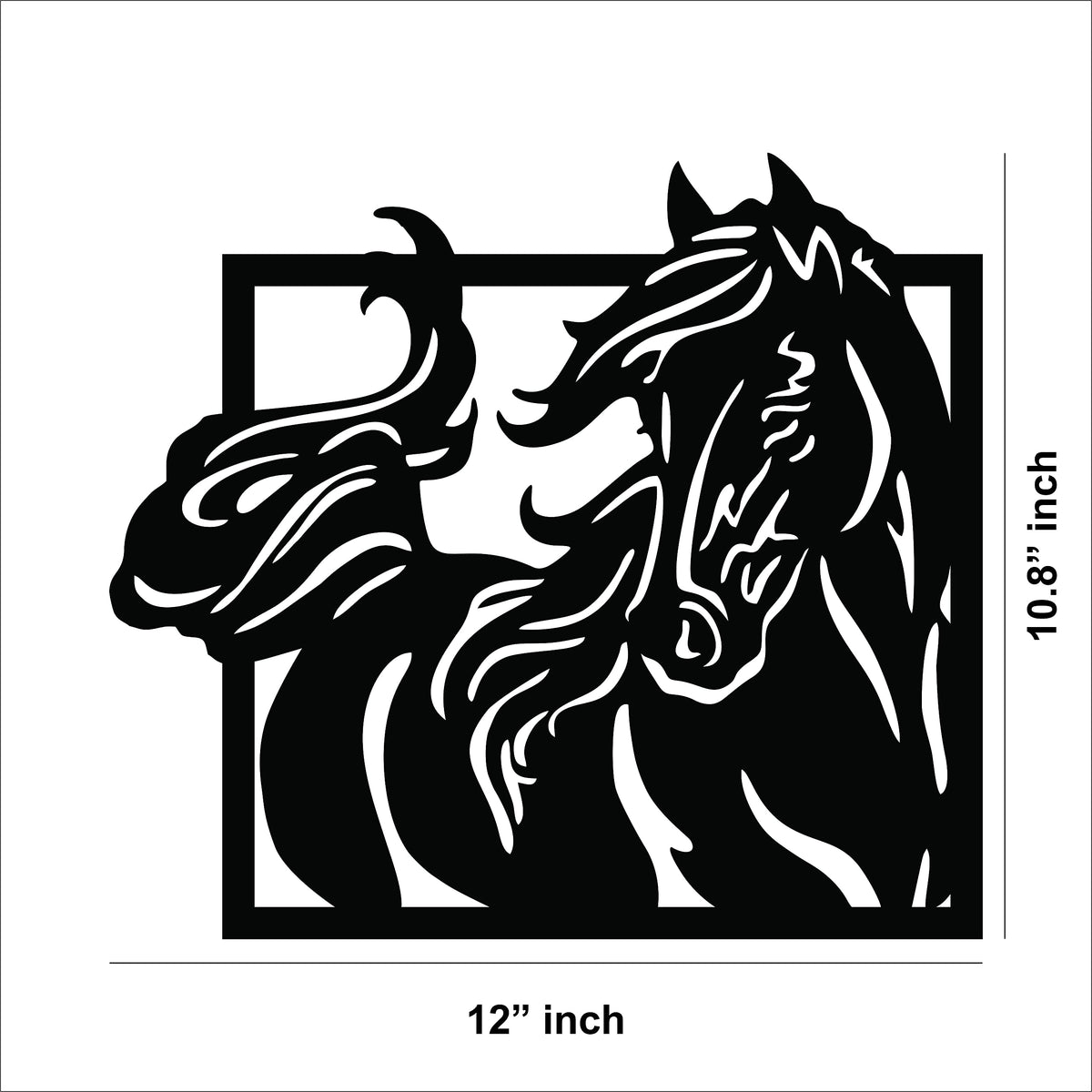 Black horse wall art featuring a detailed design of a galloping horse, the image shows the dimensions of the product that is 10.8 inch by 12 inch.