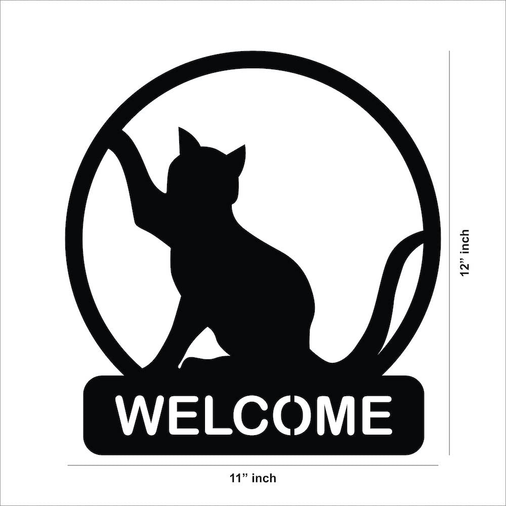 Black cat welcome sign board with a circular frame and the word 'WELCOME,' The image shows the dimensions of the product that is 12 inch by 11 inch.