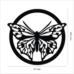 Black butterfly wall decor featuring a detailed butterfly design within a circular frame, the image shows the dimensions of the product that is 11.3 inch by 12 inch.