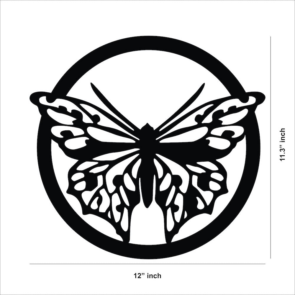 Black butterfly wall decor featuring a detailed butterfly design within a circular frame, the image shows the dimensions of the product that is 11.3 inch by 12 inch.