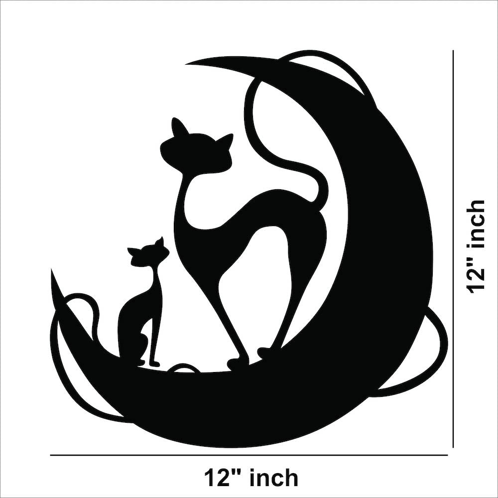 Cat-themed wall art featuring two elegant feline silhouettes sitting on a crescent moon, crafted from MDF, the dimensional image of the product with 12 inch by 12 inch dimensions.