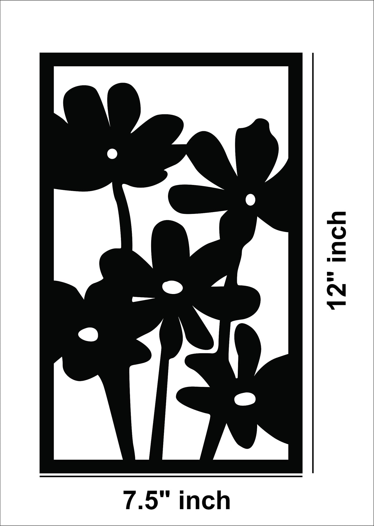 Black wall decor featuring a vertical arrangement of a bunch of flowers, the dimensional image of the product with 12 inch by 7.5 inch dimensions.