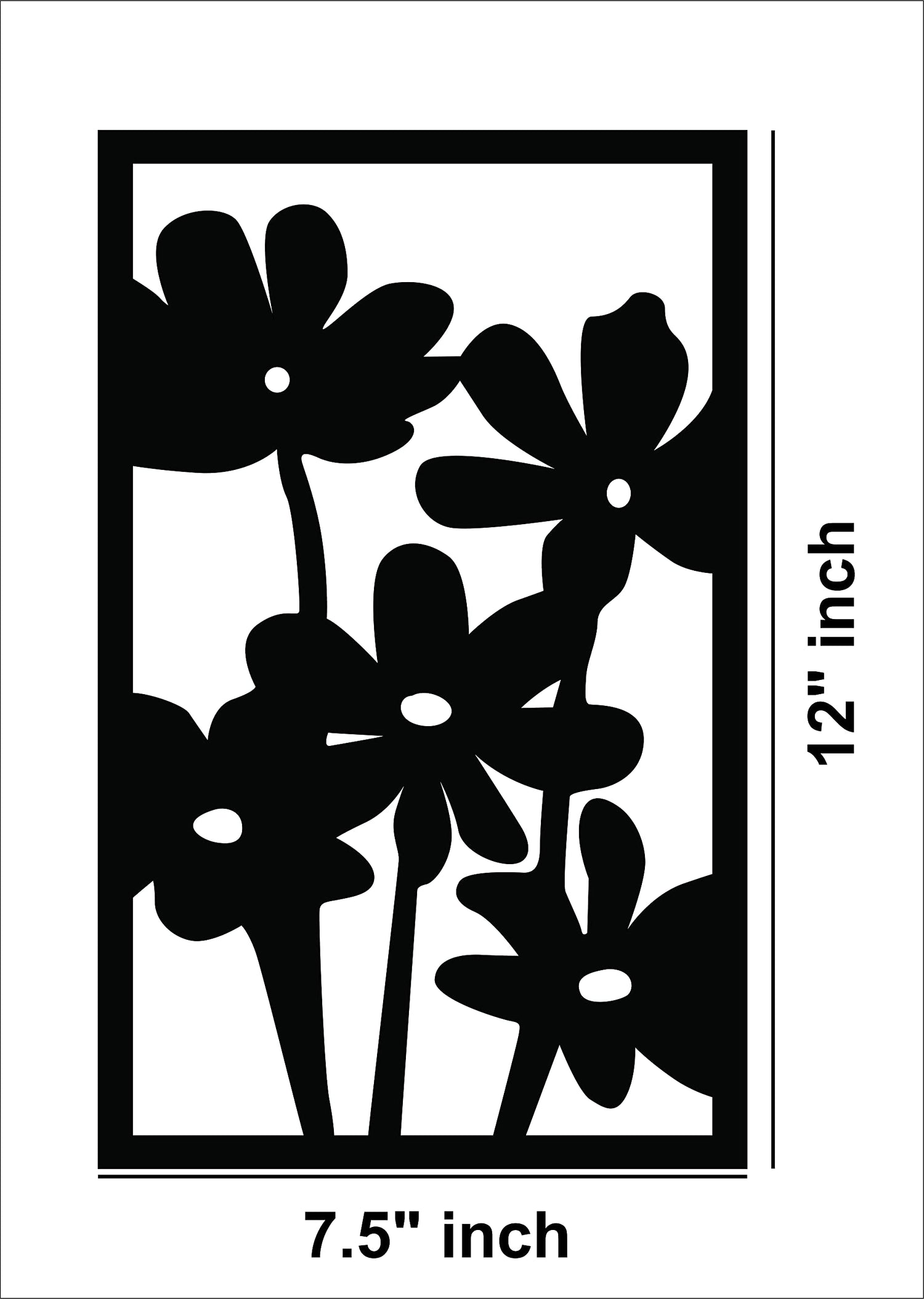 Black wall decor featuring a vertical arrangement of a bunch of flowers, the dimensional image of the product with 12 inch by 7.5 inch dimensions.