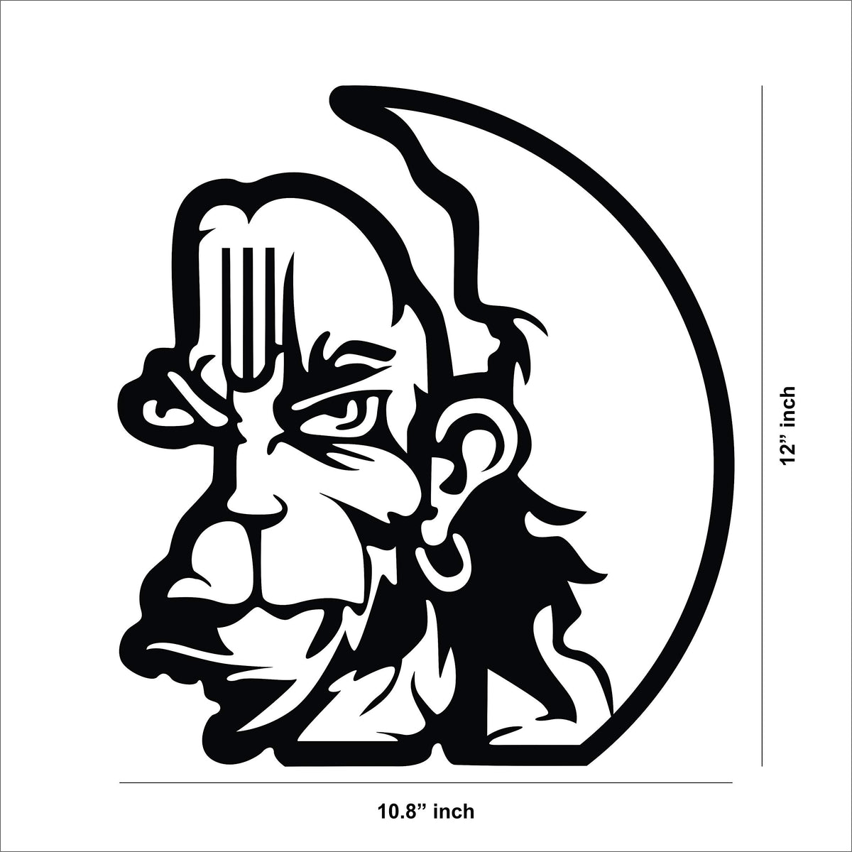 Black Lord Hanuman wall art featuring a detailed silhouette of Hanuman's face with traditional markings, the dimensional image of the product that is 12 inch by 10.8 inch.