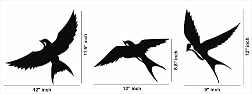 Black free bird wall art featuring three silhouettes of birds in flight, the dimensional image of the product with 12 inch by 9 inch per frame.