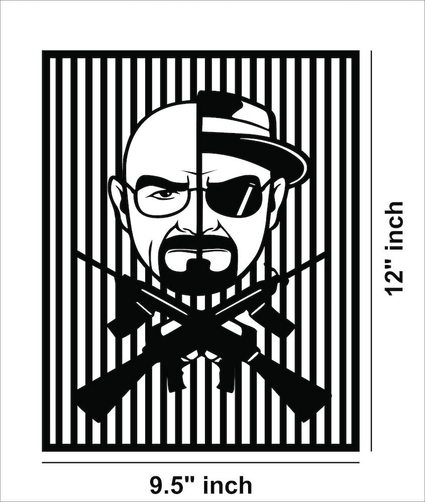 Black gangster wall art featuring a split-face design of a man with sunglasses, hat, and crossed guns, the dimensional image of the product that is 12 inch by 9.5 inch dimensions.