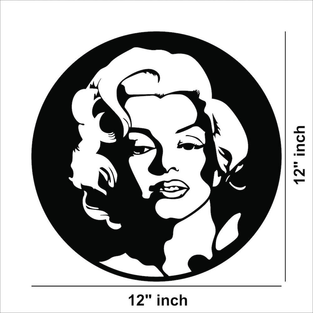 Round wall art featuring a stylized portrait of Marilyn Monroe in black and white. The dimensional image of the product with 12 inch diameter.