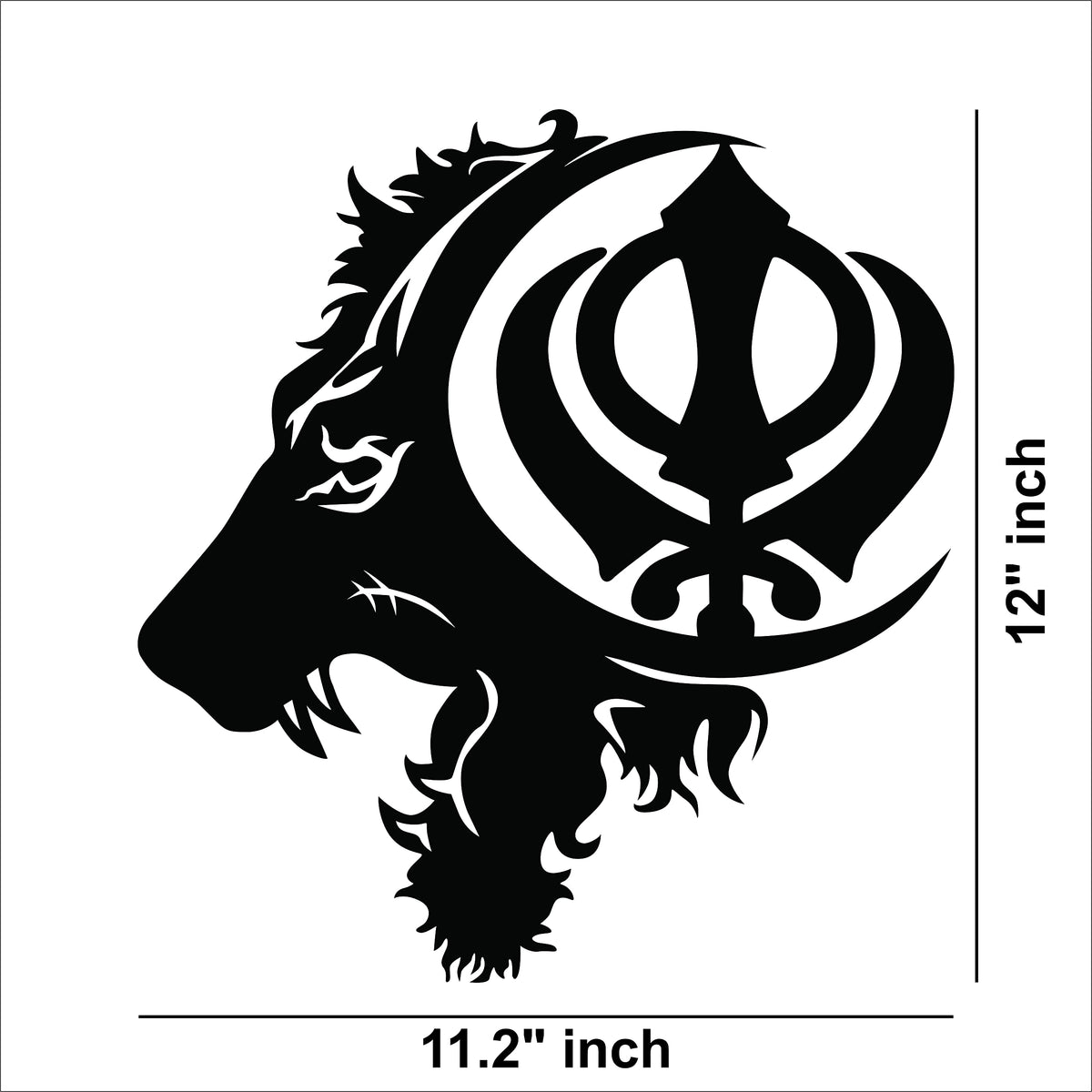 Black MDF wall art featuring a lion's profile with a Khalsa symbol, showing the size of the product that is 12 inch by 11.2 inch.
