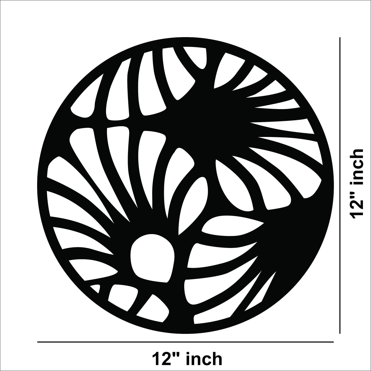 Circular black MDF wall art with an abstract cutout design resembling flowing patterns, the image shows the size of the product that is 12 inch in diameter.