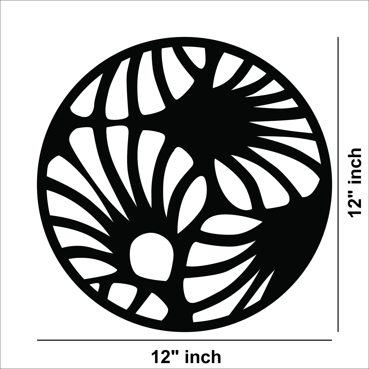 Circular black MDF wall art with an abstract cutout design resembling flowing patterns, the image shows the size of the product that is 12 inch in diameter.