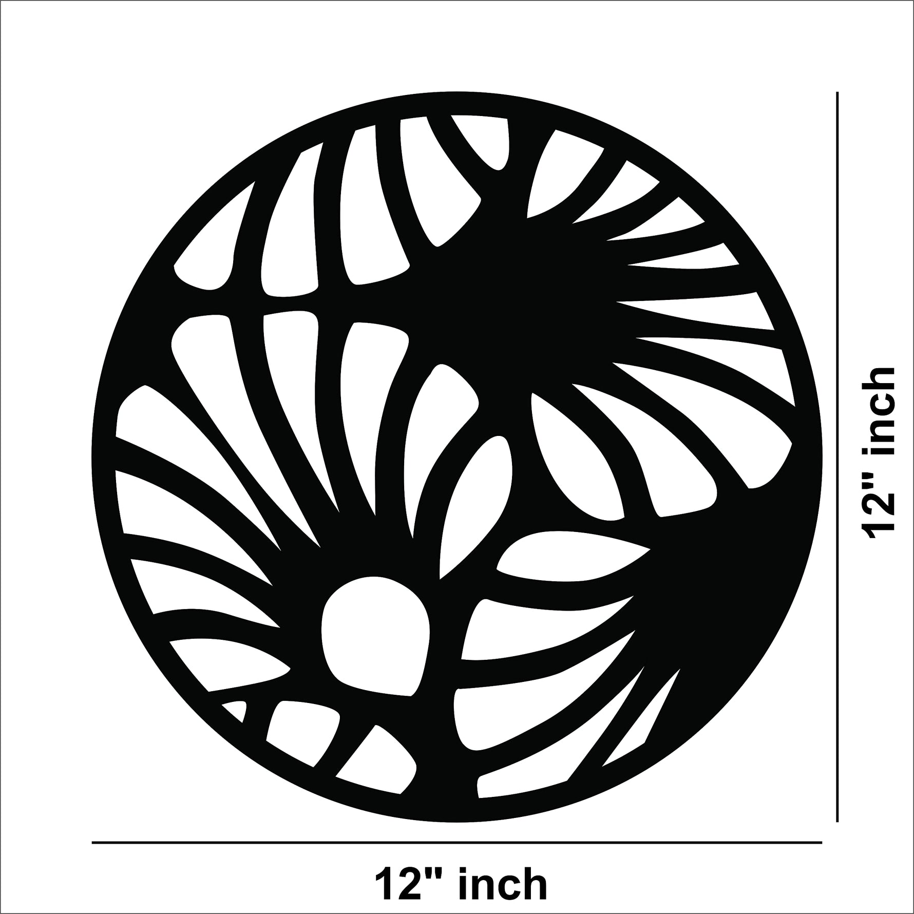 Circular black MDF wall art with an abstract cutout design resembling flowing patterns, the image shows the size of the product that is 12 inch in diameter.