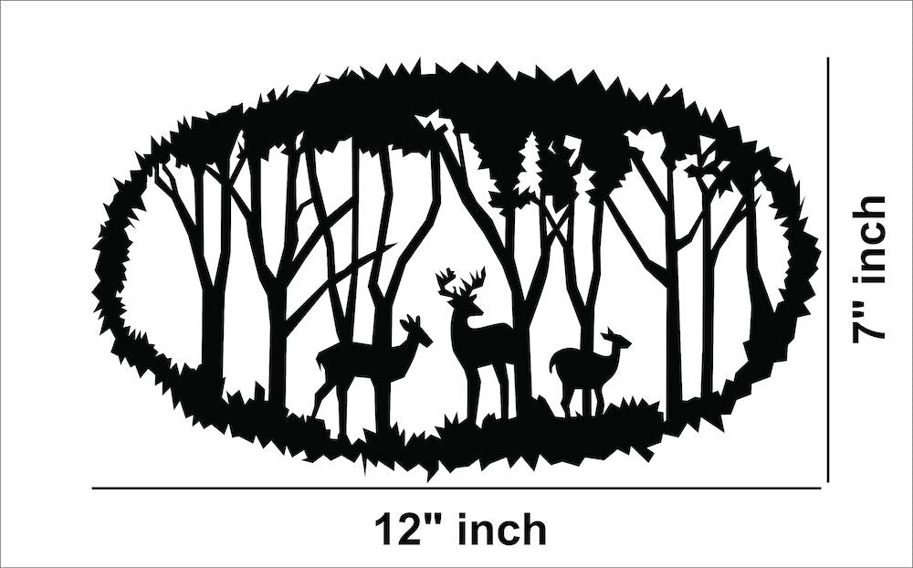 Black jungle wall decor featuring a silhouette of trees and deer in an oval design, the dimensional image of the product with 7 inch by 12 inch dimensions.