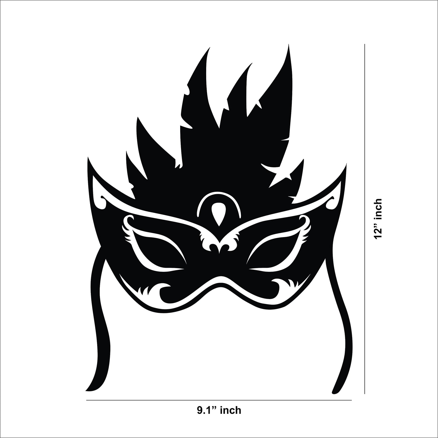 Black MDF wall art featuring a decorative masquerade mask design with intricate details, showing the size of the product that is 12 inch by 9.1 inch.