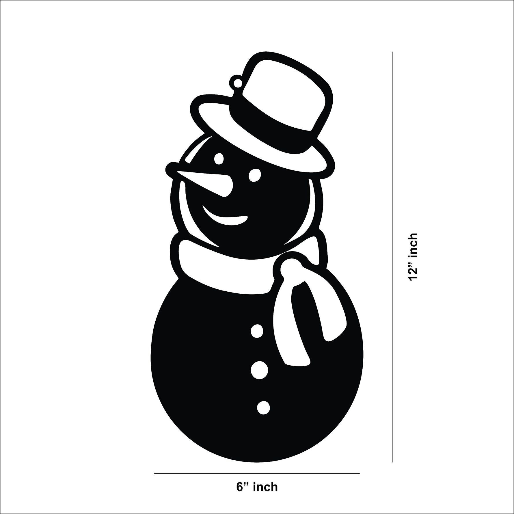 Festive black MDF snowman wall decor, the dimensional image of the product with 12 inch by 6 inch dimensions.