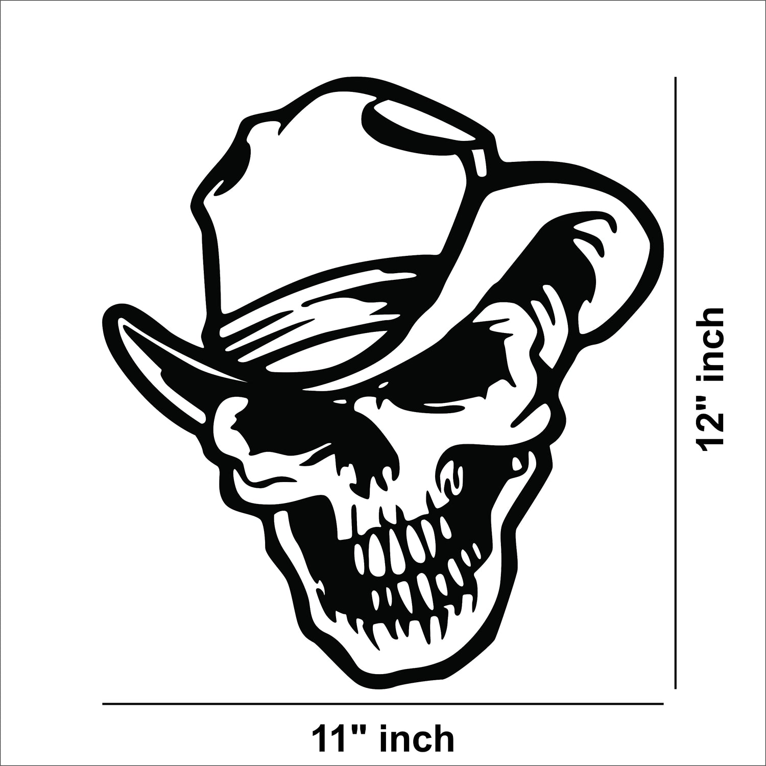 Stylish black cowboy skull wall art, this is the dimensional image of the product with 12 inch by 11 inch dimensions.