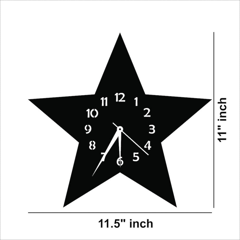 Black star-shaped MDF wall clock with white numerals, the dimensional image f the product with 11.5 inch diameter.