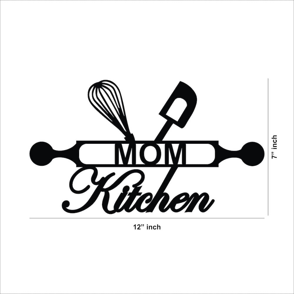 Black MDF wall art featuring the phrase "MOM Kitchen" with a rolling pin, whisk, and spatula design, showing the size of the product that is 7 inch by 12 inch.