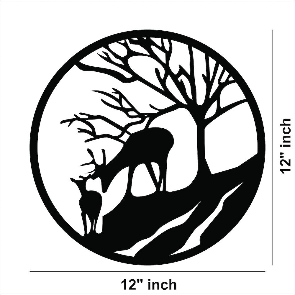 MDF deer-themed wall art featuring a circular design with deer and trees in a forest silhouette. The image shows the dimensions of the product that is 12 inch in diameter.  