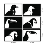 Black and white bird wall art featuring six framed designs of various bird silhouettes, the image shows the dimensions of each of the 6 frames that is 8 inch by 12 inch.