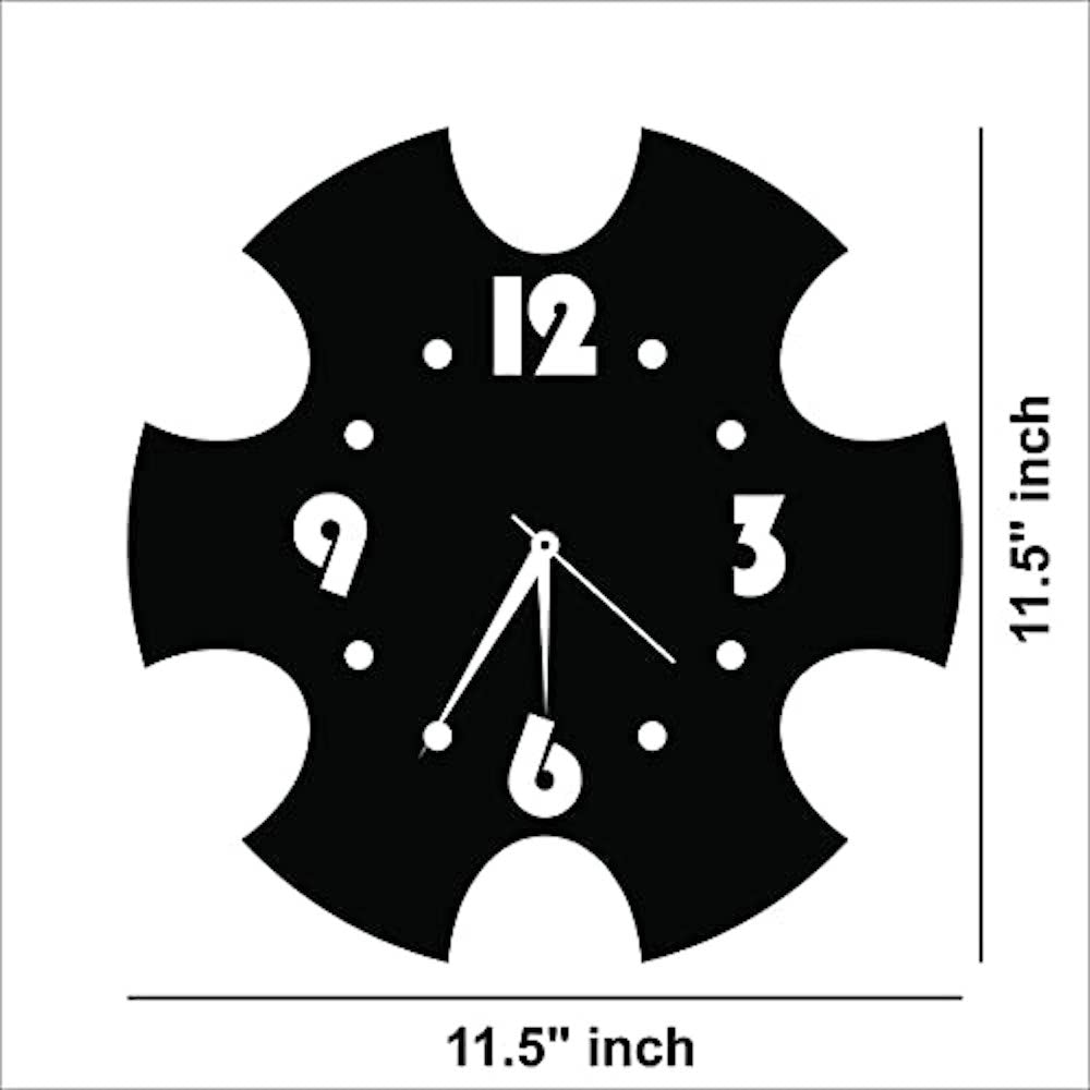 Classic wall clock with a unique black puzzle-piece design, featuring white numerals and sleek hands, the image shows the dimensions of the product that are 11.5 inch in diameter.