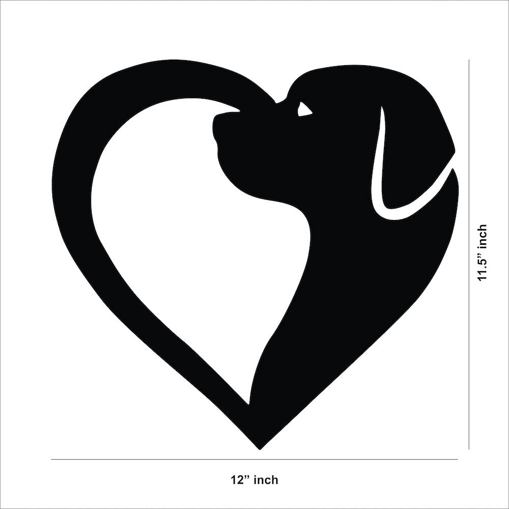 MDF dog-shaped heart wall art displayed above a shelf with a candle and small potted plants, adding charm to the interior decor. The image shows the dimensions of the product that is 11.5inch by 12 inch.