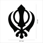 Black MDF Khalsa symbol wall decor piece, this dimensional image shows the dimensions that are 12 inch by 9.2 inch.