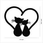 A heart-shaped wall art with two cats sitting together, the image shows the dimensions of the product that is 10.5 inch by 12 inch.