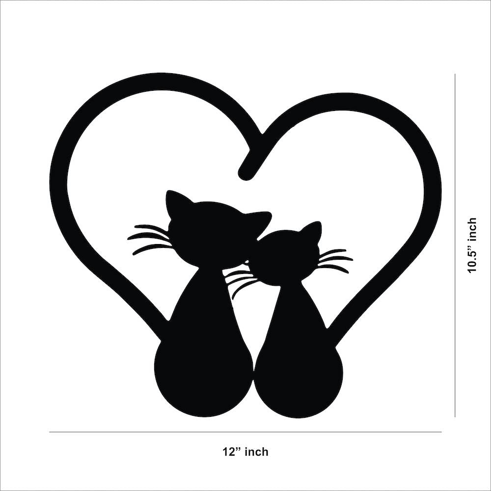 A heart-shaped wall art with two cats sitting together, the image shows the dimensions of the product that is 10.5 inch by 12 inch.