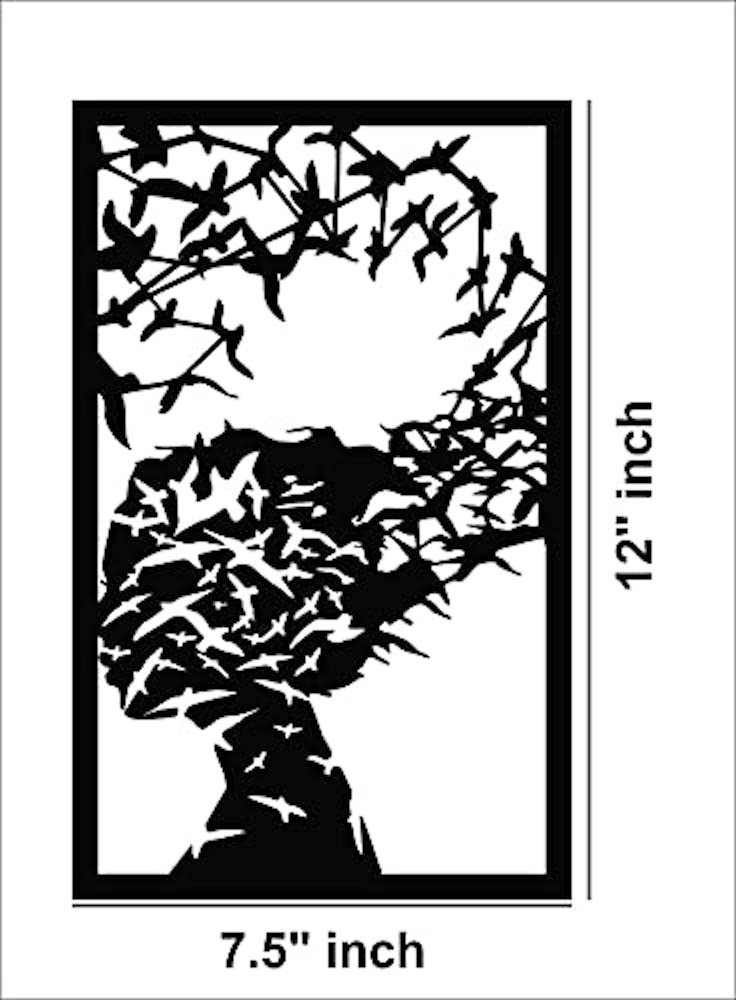 Artistic MDF wall art featuring a tree transforming into flying birds, enclosed in a black rectangular frame, perfect for modern home decor indicating the size of the wall art which is 12inch by 7.5 inch.