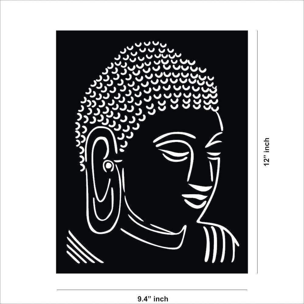Modern Buddha face wall art crafted from MDF, showcasing intricate line detailing for a serene and minimalist design. The dimensional image of the product with 12 inch by 9.4 inch dimensions.