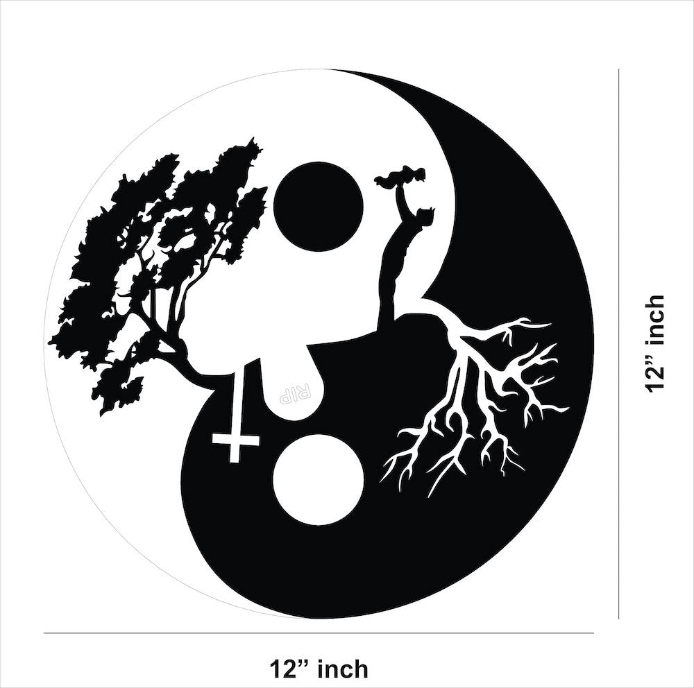 Artistic yin yang wall art featuring tree branches and roots symbolizing balance and harmony with the 12 inch diameter.