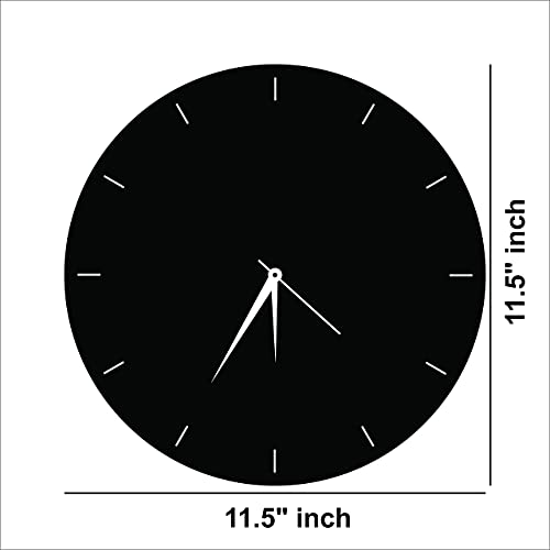 Minimalist black MDF wall clock with white hands, the dimensional image of the product shows the diameter of the clock to be 11.5 inch.