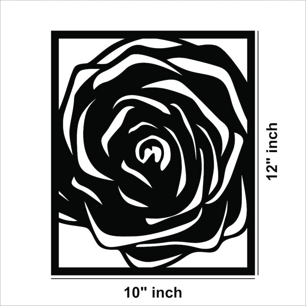 Modern black mdf wall art featuring a framed rose design, adding elegance to home decor, the image shows the dimensions of the product that are 12 inch by 10 inch.