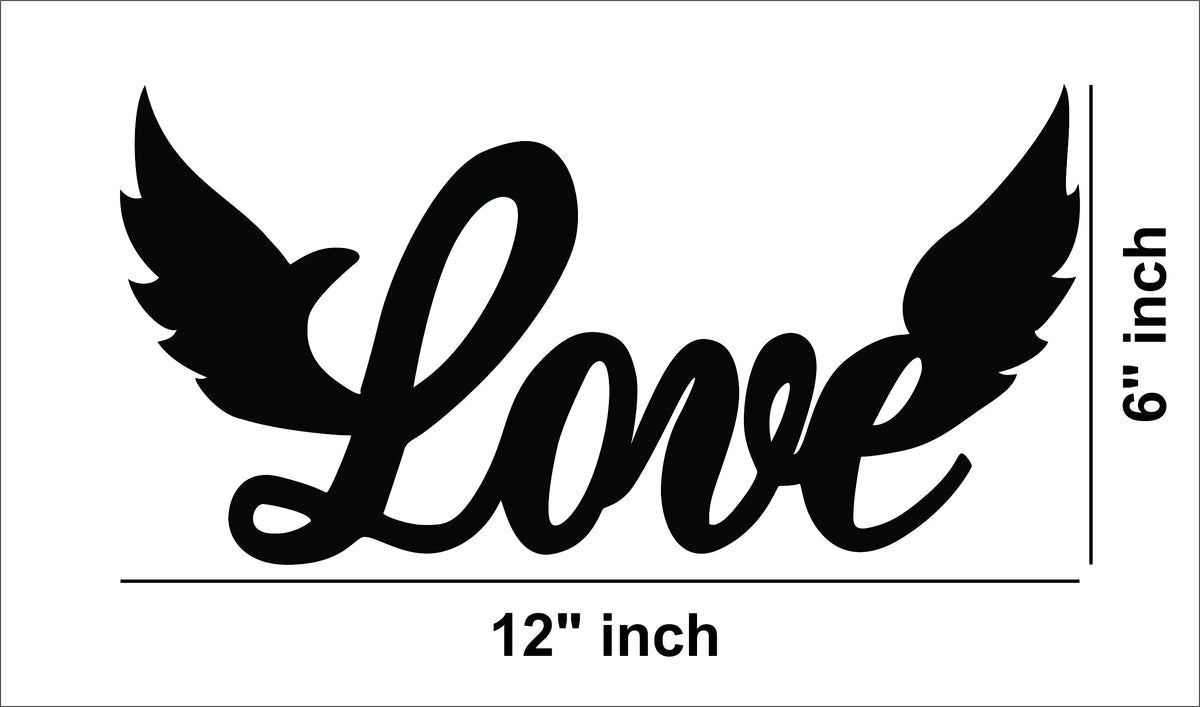  Black MDF wall art featuring the word "Love" with wings on either side, showing the size of the product that is 6 inch by 12 inch.