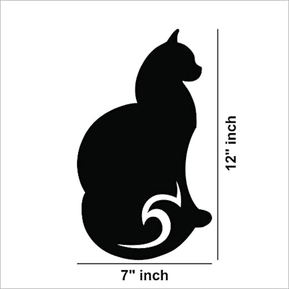 Black graceful cat wall art featuring a sleek and elegant cat silhouette, the image shows the dimensions of the product that is 12 inch by 7 inch.