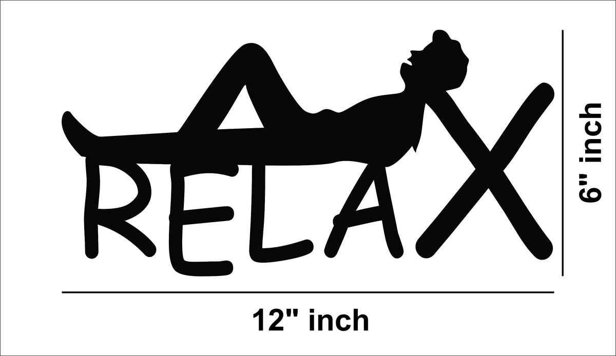 Black MDF wall art with the word "RELAX" featuring a silhouette of a person reclining, showing the size of the product that is 6 inch by 12 inch.