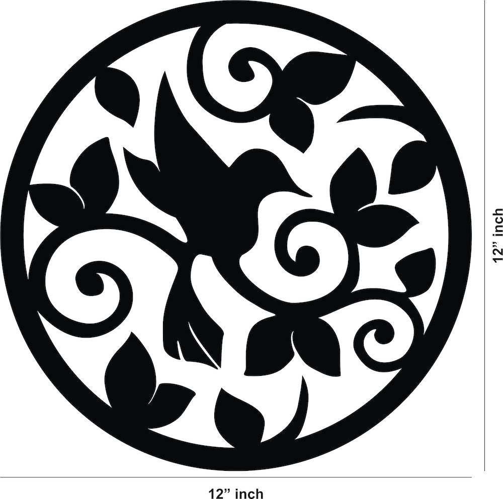 Black circular bird and leaf wall decor featuring intricate designs of a bird surrounded by swirling leaves, the image shows the dimensions of the product that is 12 inch in diameter.