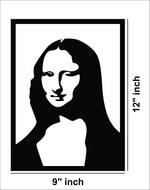Modern minimalist Mona Lisa-inspired wall art in black silhouette displayed in a cozy living room. The dimensional image of the product with 12 inch by 9 inch dimensions.