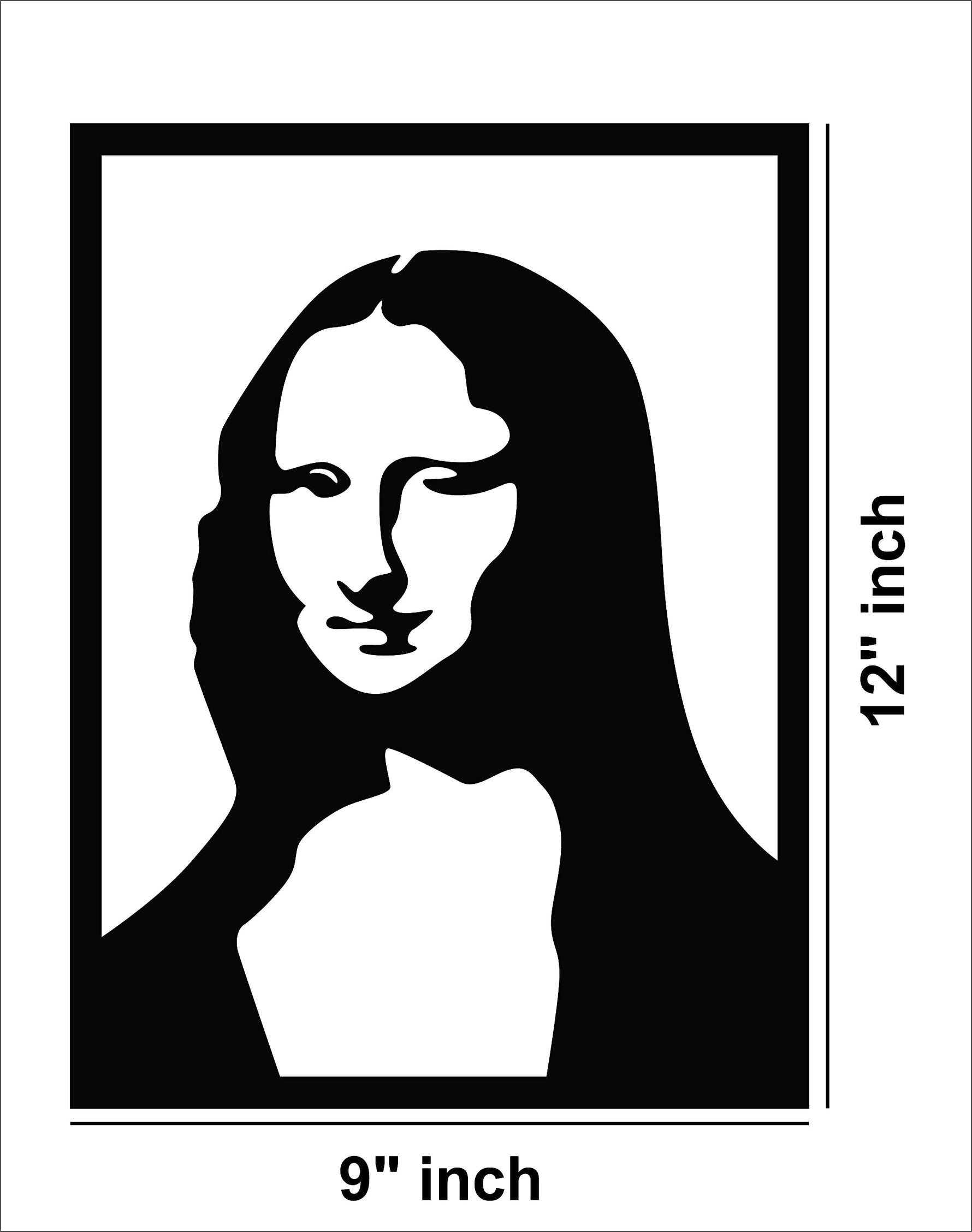 Modern minimalist Mona Lisa-inspired wall art in black silhouette displayed in a cozy living room. The dimensional image of the product with 12 inch by 9 inch dimensions.