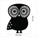 Black owl-shaped wall art with intricate circular eye patterns, the dimensional image of the product with 12 inch by 9.5 inch dimensions.