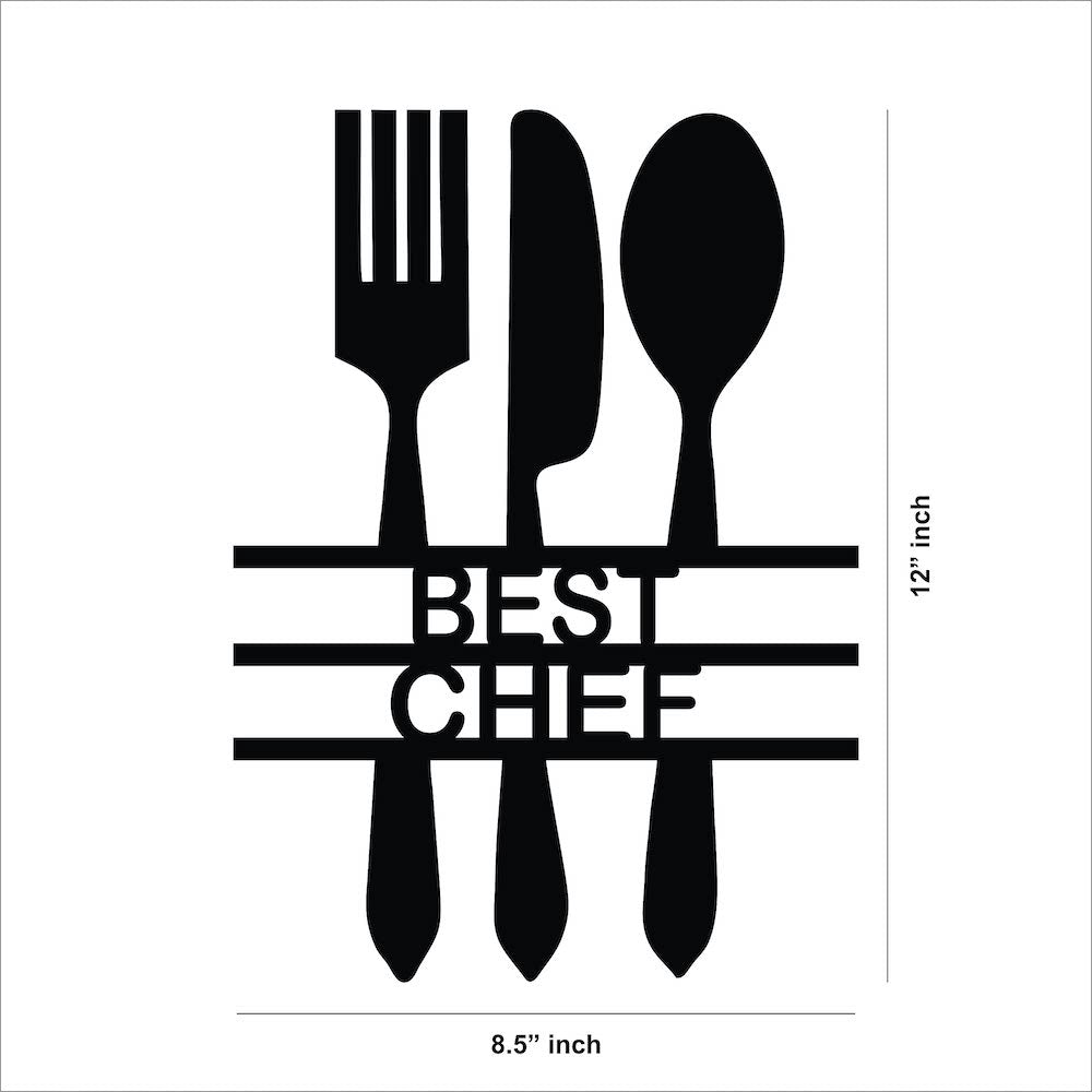 Black kitchen wall art featuring a fork, knife, and spoon design with the text 'BEST CHEF,' showing the dimensions of the product that is 12 inch by 8.5 inch.